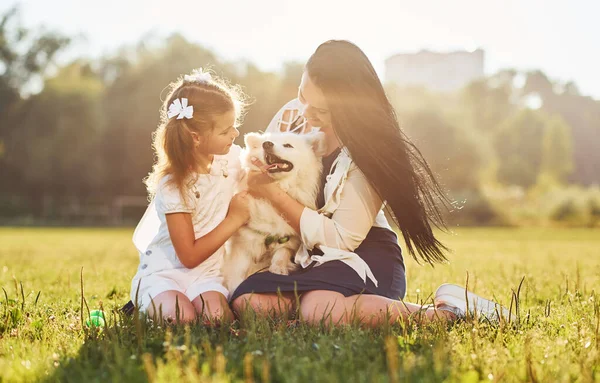 Mała Dziewczynka Kobieta Leżące Trawie Ich Cute Dog — Zdjęcie stockowe