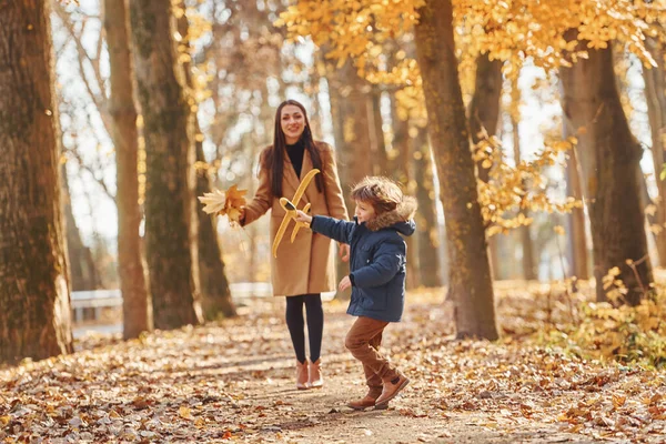 Yapraklarla oynamak. Anne ve oğlu sonbahar ormanında dışarıda eğleniyorlar..