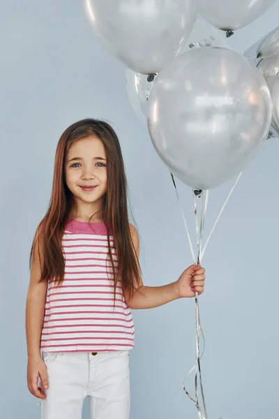 Holds Balloons Happy Little Girl Standing Have Fun Indoors Birthday — Stock Photo, Image