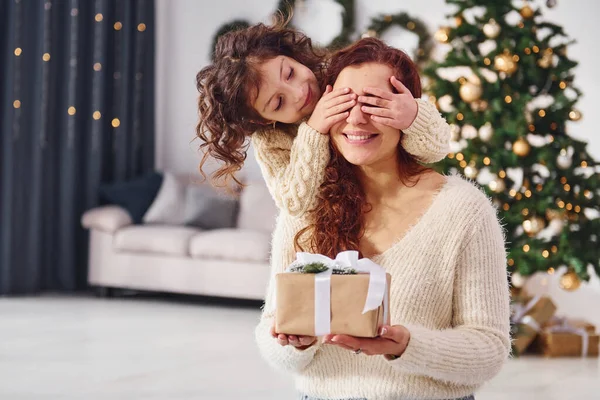 让人吃惊妈妈和她的小女儿在家里 圣诞装饰品 — 图库照片