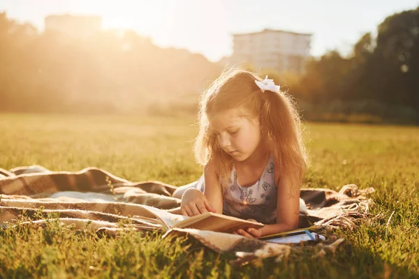 Kleines Mädchen Liest Buch Während Sich Gras Des Feldes Freien — Stockfoto