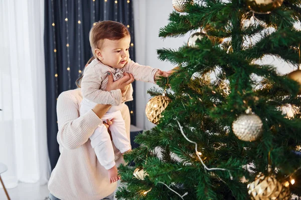 Com Uma Árvore Linda Mãe Com Sua Filhinha Está Dentro — Fotografia de Stock