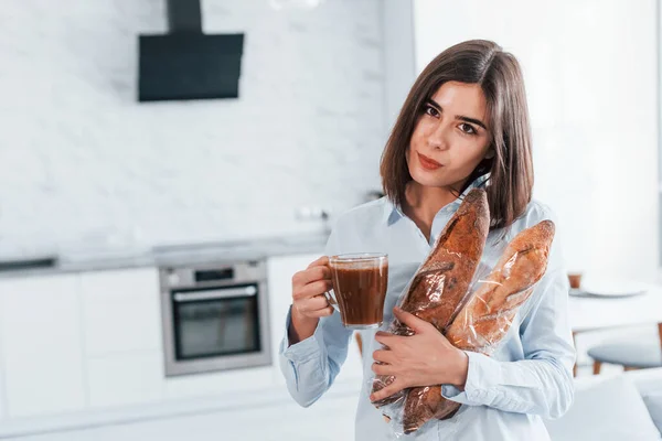 Cup Coffee Young Woman Indoors Room Modern House Daytime — Stock Photo, Image