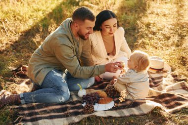 Güneş ışığıyla aydınlatılmış. Mutlu baba, anne ve kız çocukları ormanda..
