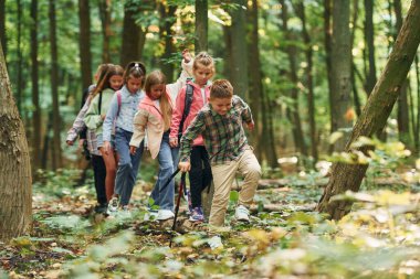 Yeşil ormanda. Çocuklar yazın gündüz vakti dışarıda yürüyorlar..