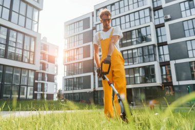 Güzel güneş ışığı. Bahçede çimleri çim biçen bir adam var..