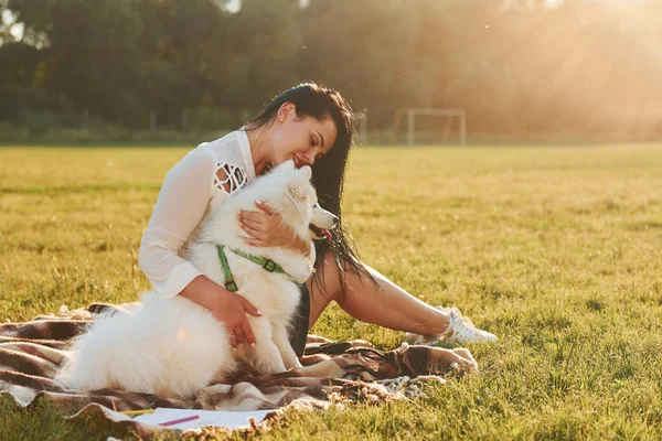 Kvinnan Med Sin Hund Har Roligt Planen Soliga Dagtid Vackert — Stockfoto
