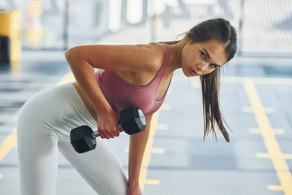 Exercises Endurance Beautiful Young Woman Slim Body Type Gym — Stock Photo, Image