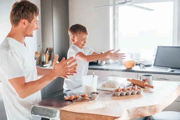 Eggs Milk Dough Father Teaching His Little Son Preparing Sweet — Stock Photo, Image
