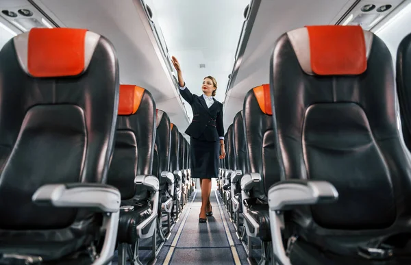 Empty Seats Young Stewardess Work Passanger Airplane — Stock Photo, Image