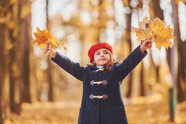 Red Beret Cute Positive Little Girl Have Fun Autumn Park — Stock Photo, Image