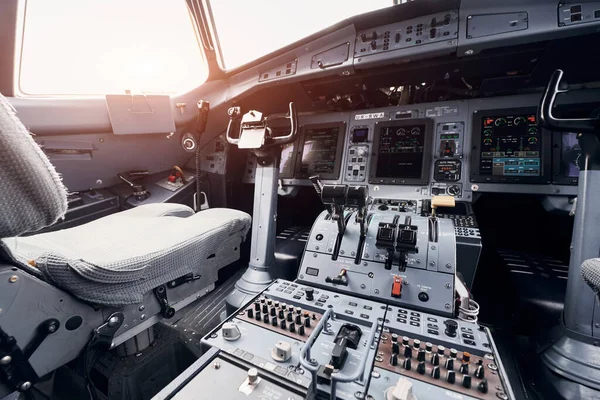 Display with information. Close up focused view of airplane cockpit.