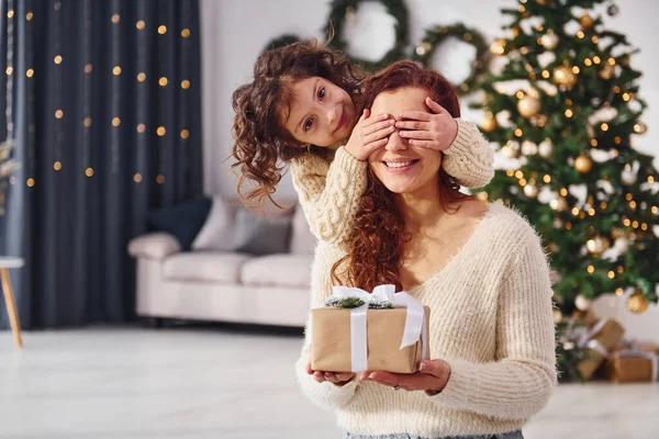 让人吃惊妈妈和她的小女儿在家里 圣诞装饰品 — 图库照片