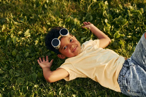 Lying Grass African American Kid Have Fun Field Summer Daytime — Stock Photo, Image