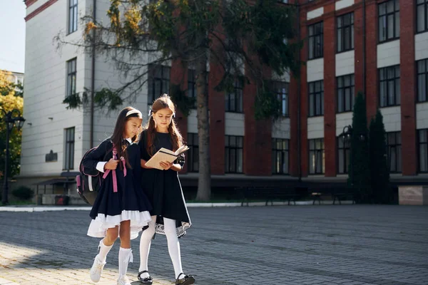 Mit Büchern Zwei Schülerinnen Stehen Gemeinsam Der Nähe Eines Schulgebäudes — Stockfoto