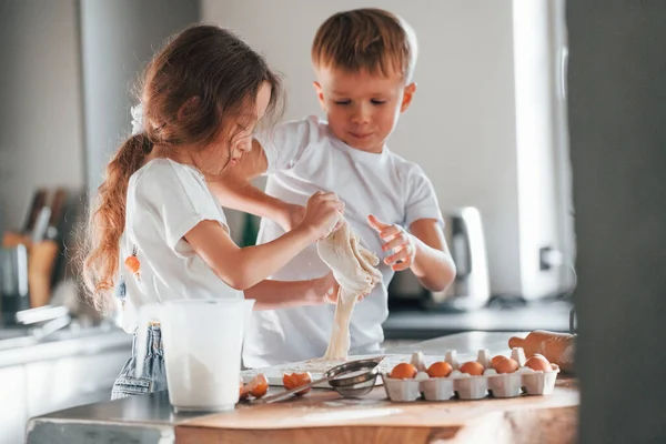 Learning How Cook Little Boy Girl Preparing Christmas Cookies Kitchen — Stock Photo, Image