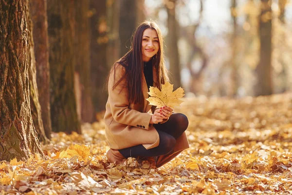 Paltolu Kadın Sonbahar Ormanında Yürür — Stok fotoğraf