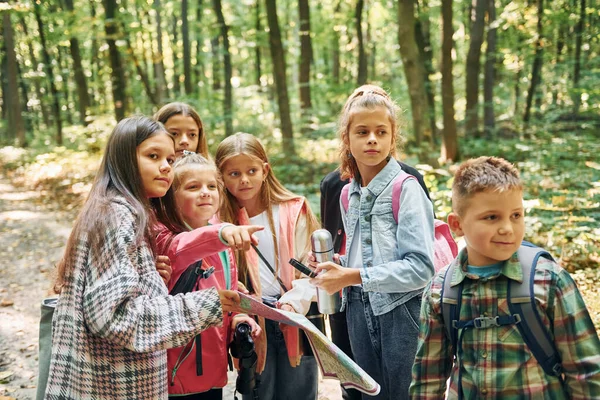 Framifrån Barn Grön Skog Sommaren Dagtid Tillsammans — Stockfoto