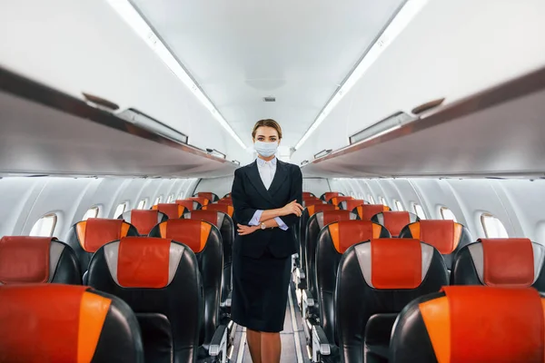 Mask Young Stewardess Work Passanger Airplane — Stock Photo, Image