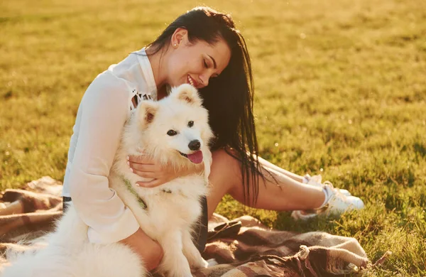 Mujer Con Perro Está Divirtiendo Campo Durante Día Soleado Hermoso — Foto de Stock