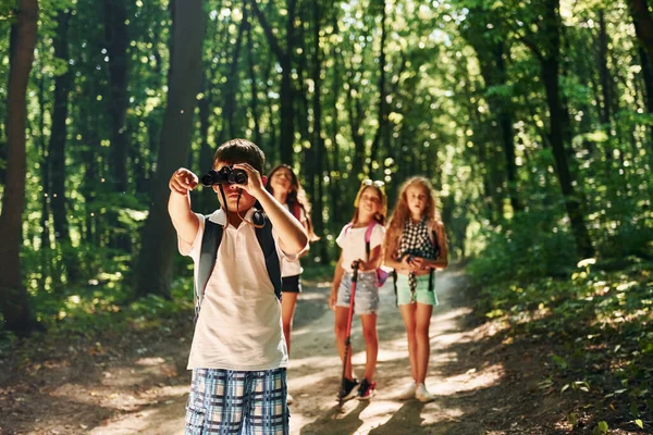 Belle Nature Promenade Des Enfants Dans Forêt Avec Équipement Voyage — Photo