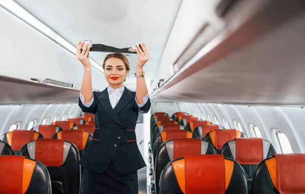 Safety Instructions Young Stewardess Work Passanger Airplane — Stock Photo, Image