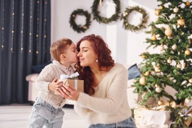 Anne ve küçük oğlu evde. Noel süslemeleri.