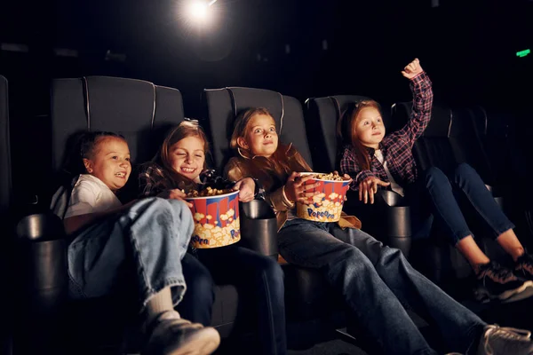 Sitting Black Seats Group Kids Sitting Cinema Watching Movie Together — Stock Photo, Image