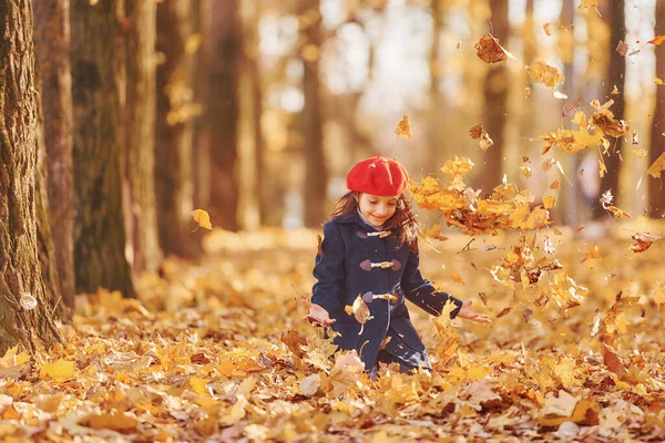 Throwing Leaves Air Cute Positive Little Girl Have Fun Autumn — Stock Photo, Image