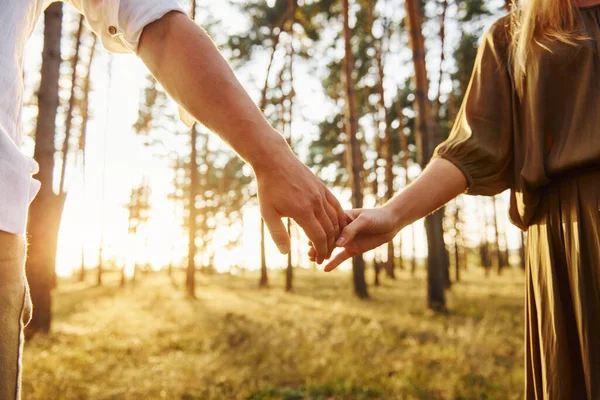 Hou Handen Goed Gaten Gelukkig Stel Overdag Het Bos — Stockfoto