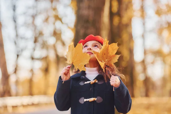 Желтые Листья Милая Позитивная Девочка Веселитесь Осеннем Парке — стоковое фото