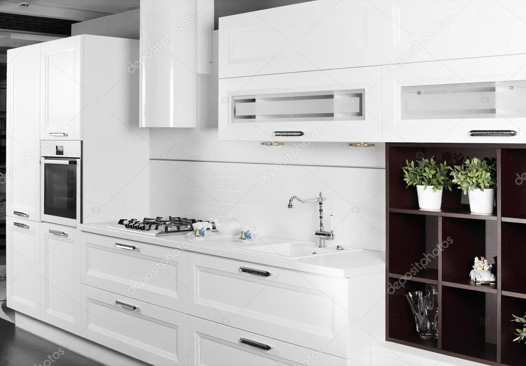 modern white kitchen with stylish furniture