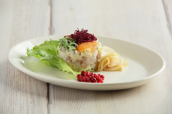 Salziger Fischsalat auf weißem Teller — Stockfoto