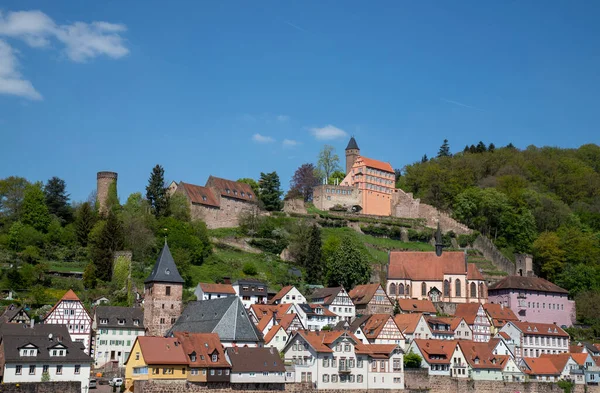 Pohled Malé Město Hirschhorn Hrad Odenwald Hesse Německo — Stock fotografie