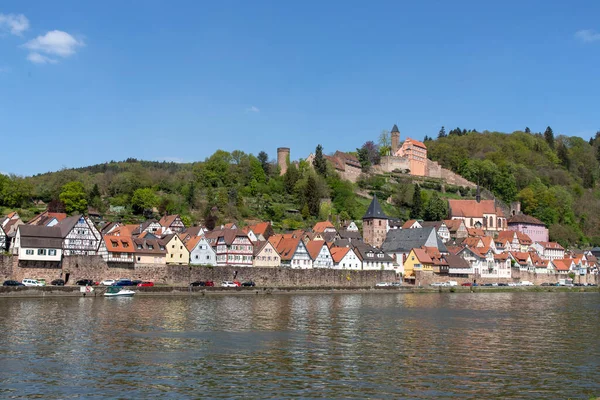 Blick Auf Die Kleinstadt Hirschhorn Und Burg Odenwald Hessen Deutschland — Stockfoto