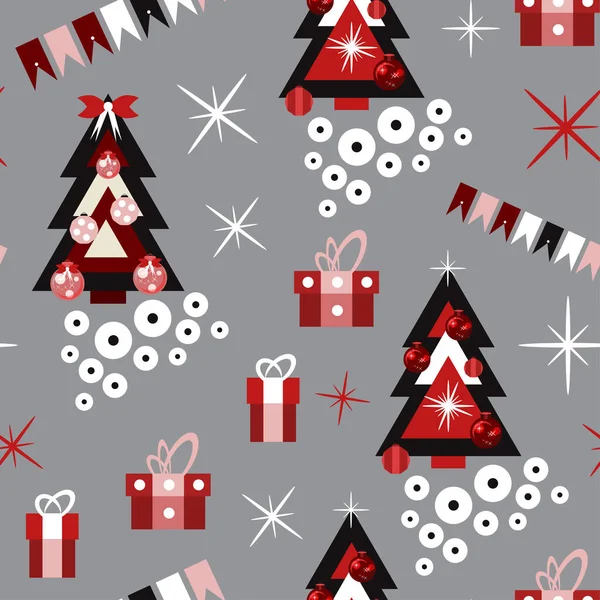 Απρόσκοπτη μοτίβο με χριστουγεννιάτικα δέντρα, δώρα και σημαίες. — Διανυσματικό Αρχείο