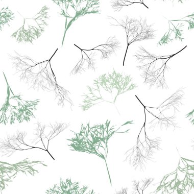 Seamless pattern with green and black twigs.. Background with sprigs of dill. Floral pattern, greenery, grass. Vector.