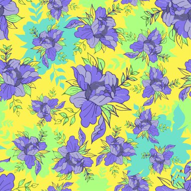 Seamless pattern with abstract irises on a yellow background. Bright and colorful floral print for wallpaper, clothing, decorative pillowcase, postcard, wrapping paper. Vector.