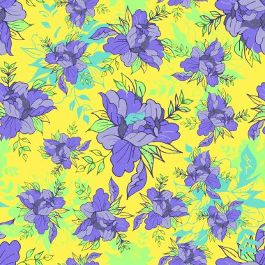 Seamless pattern with abstract irises on a yellow background. Bright and colorful floral print for wallpaper, clothing, decorative pillowcase, postcard, wrapping paper. Vector.
