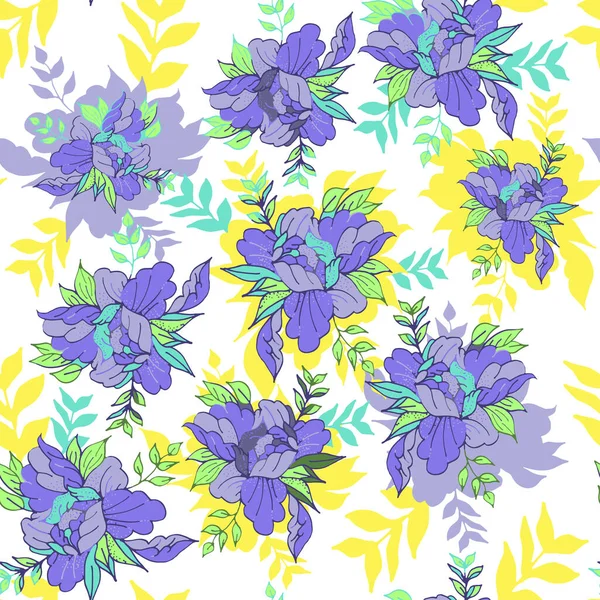 Seamless pattern with abstract irises. Bright and colorful floral background, print for clothes, decorative pillow cases, postcards. Vector. —  Vetores de Stock