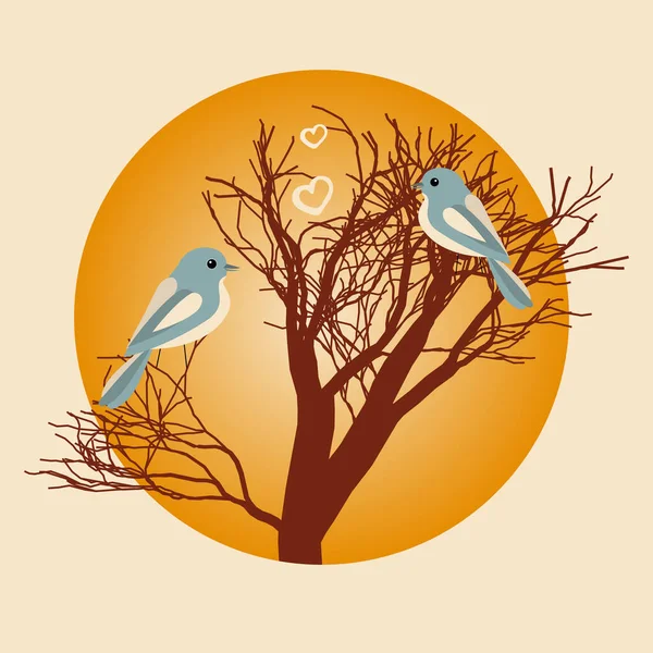 Background on the theme of Valentines Day, love, wedding. Template for postcards, invitations. The birds are on the tree and its dawn. Vector. — Stock Vector