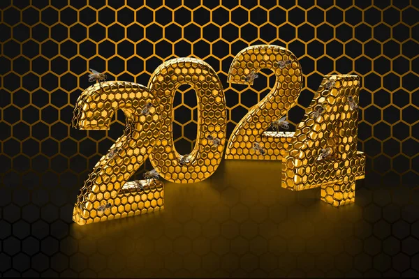Новогодний Улей Пчелой Медовом Гребне Шестиугольное Золото Номер 2024 Черном — стоковое фото