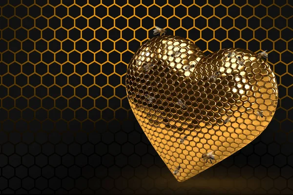 A love heart hive with bee on honey comb for Valentine's Day on magic hhiny hexagonal gold background. A modern banner for various occasions with bees. 3d rendering