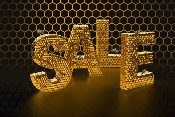 Sale Hive Bee Honey Comb Shiny Hexagonal Gold Text Black — Stock Photo, Image