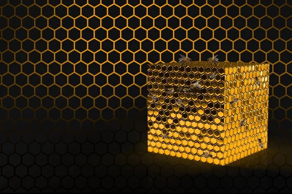 A abstract modern hive with bee on honey comb on beekeeper\'s day. Magic shiny hexagonal cube gold background. A modern banner for various occasions with bees. 3d rendering