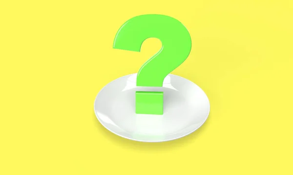 Green Eco Question Mark Plate Yellow Background Restaurant Choose Surprise — Fotografia de Stock