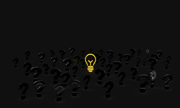 scattered question mark and yellow idea light bulbs background. Concept for your business. 3d rendering