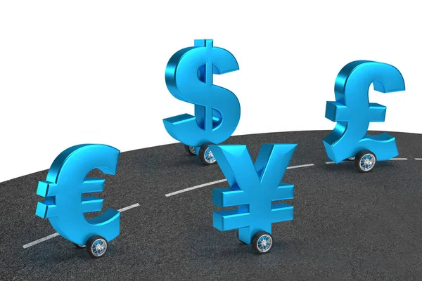 Mobile dollar, yen, euro, pound on wheels in a car on the road on isolated background. Money as a banner for your business. 3d rendering.
