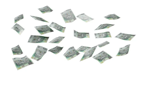 Flying Polish 100 Zloty Banknotes Isolated White Background Banner Money — Stock Fotó