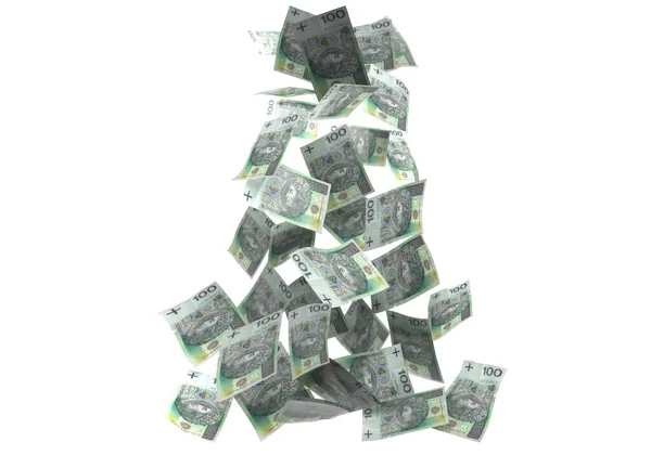 Stack Pyramid Polish 100 Zloty Banknotes Isolated White Background Banner — Stock Fotó